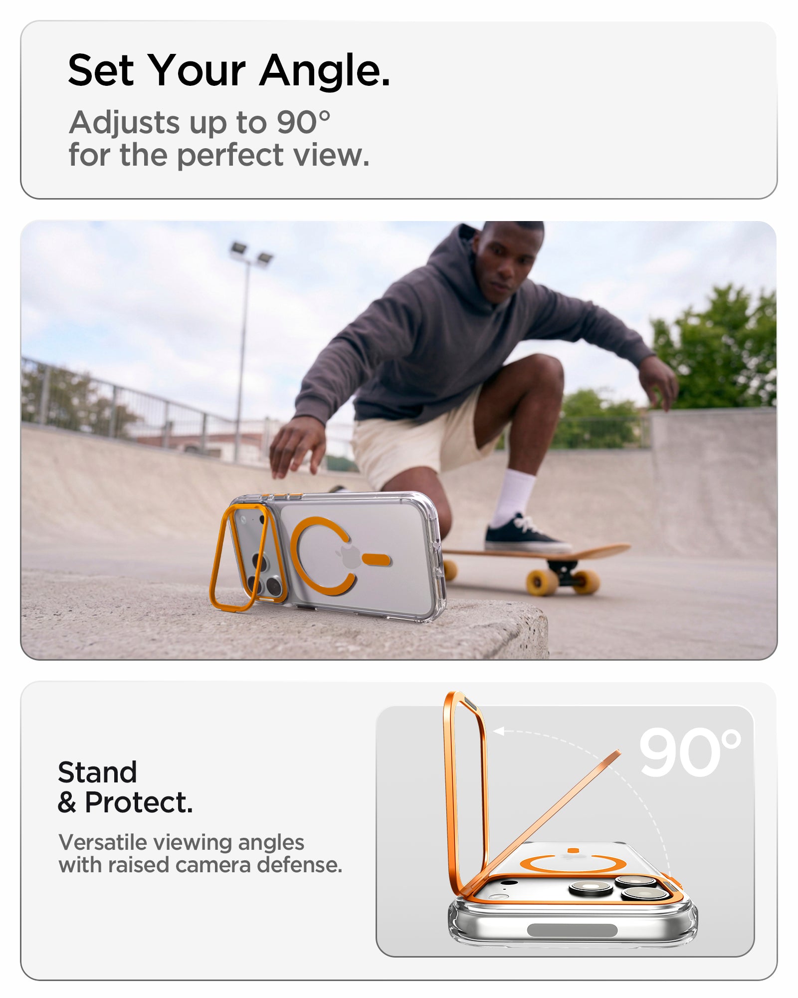 ACS11910 - iPhone 18 Pro Max / iPhone 17 Pro Max Ultra Hybrid Optik S (Mag Fit) Clear Orange showing the case propped horizontally with the camera ring stand for hands-free viewing