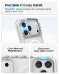 ACS11908 - iPhone 18 Pro Max / iPhone 17 Pro Max Ultra Hybrid Optik S (Mag Fit) Clear Silver showing a magnetic camera ring closure, metal buttons, and an easy-open groove