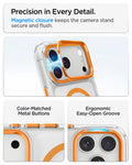 ACS11910 - iPhone 18 Pro Max / iPhone 17 Pro Max Ultra Hybrid Optik S (Mag Fit) Clear Orange showing a magnetic camera ring closure, metal buttons, and an easy-open groove