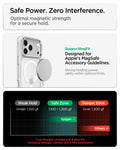 ACS11908 - iPhone 18 Pro Max / iPhone 17 Pro Max Ultra Hybrid Optik S (Mag Fit) Clear Silver showing magnetic accessory compatibility and a chart comparing optimal magnetic holding strength