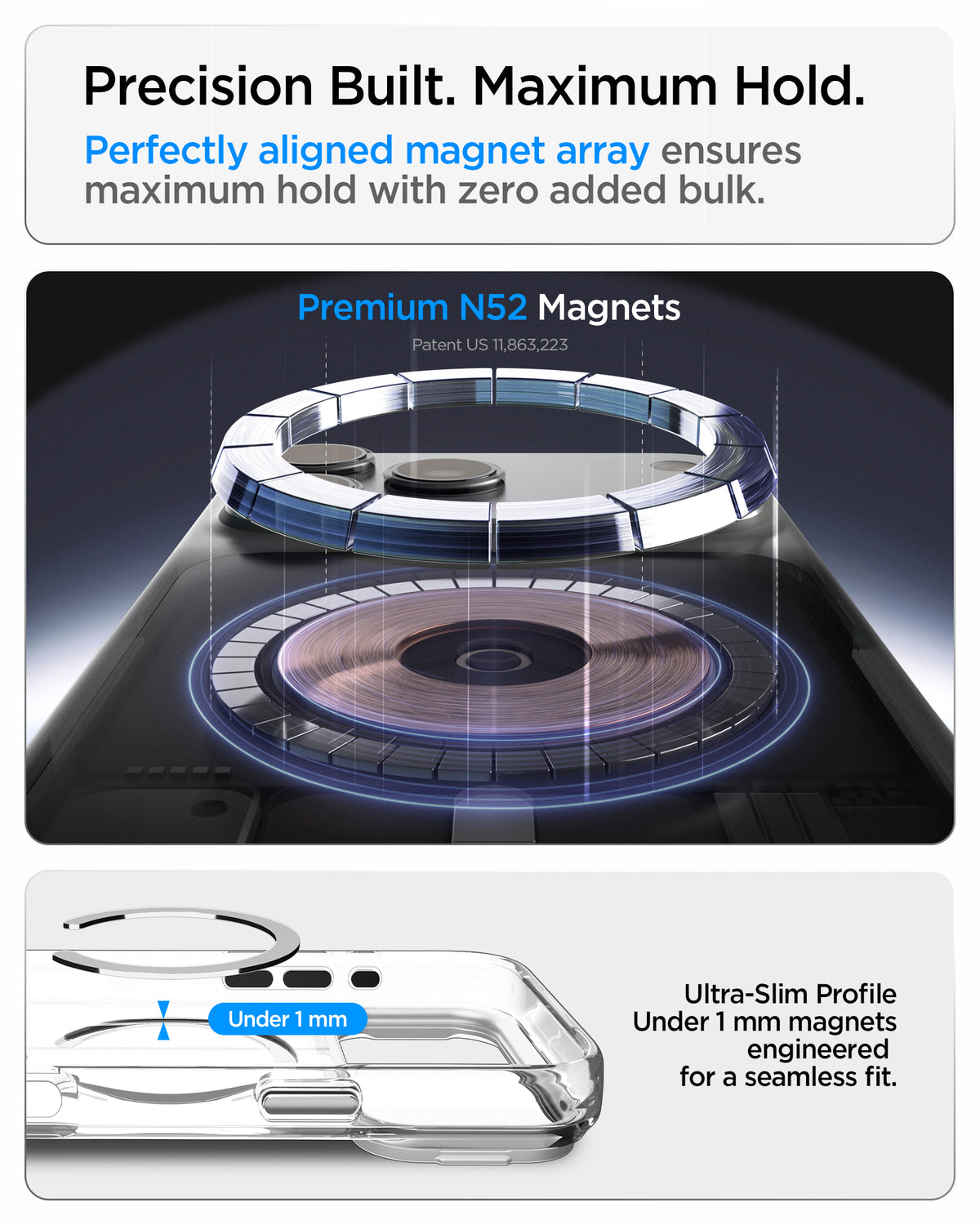 ACS11908 - iPhone 18 Pro Max / iPhone 17 Pro Max Ultra Hybrid Optik S (Mag Fit) Clear Silver showing a premium magnet array and ultra-slim magnetic construction under 1 mm