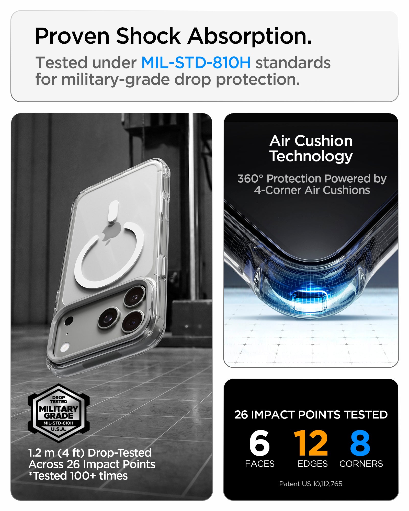 ACS11908 - iPhone 18 Pro Max / iPhone 17 Pro Max Ultra Hybrid Optik S (Mag Fit) Clear Silver showing military-grade drop protection with reinforced Air Cushion corners and multiple impact test points