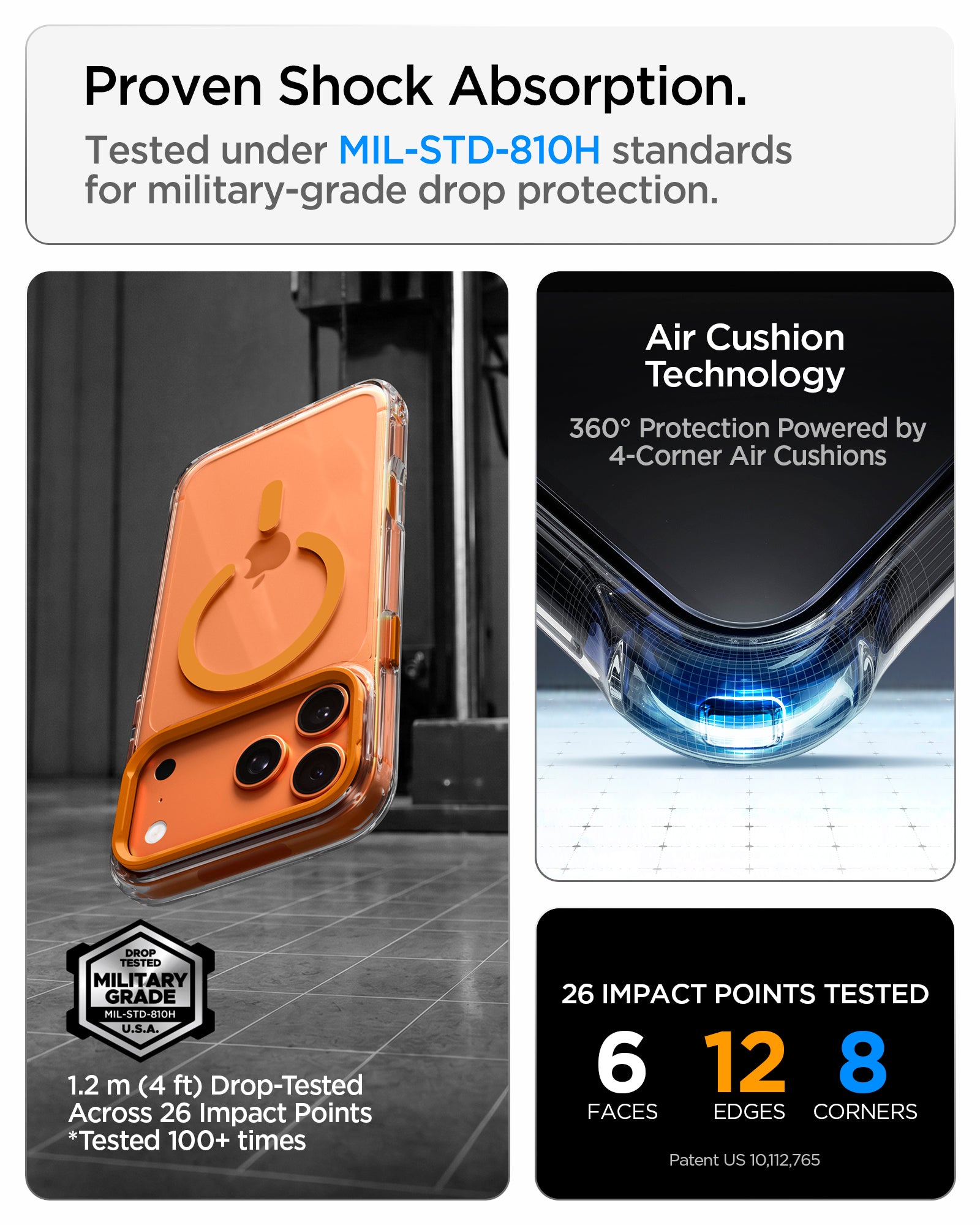 ACS11910 - iPhone 18 Pro Max / iPhone 17 Pro Max Ultra Hybrid Optik S (Mag Fit) Clear Orange showing military-grade drop protection with reinforced Air Cushion corners and multiple impact test points