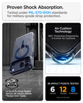 ACS11909 - iPhone 18 Pro Max / iPhone 17 Pro Max Ultra Hybrid Optik S (Mag Fit) Clear Deep Blue showing military-grade drop protection with reinforced Air Cushion corners and multiple impact test points