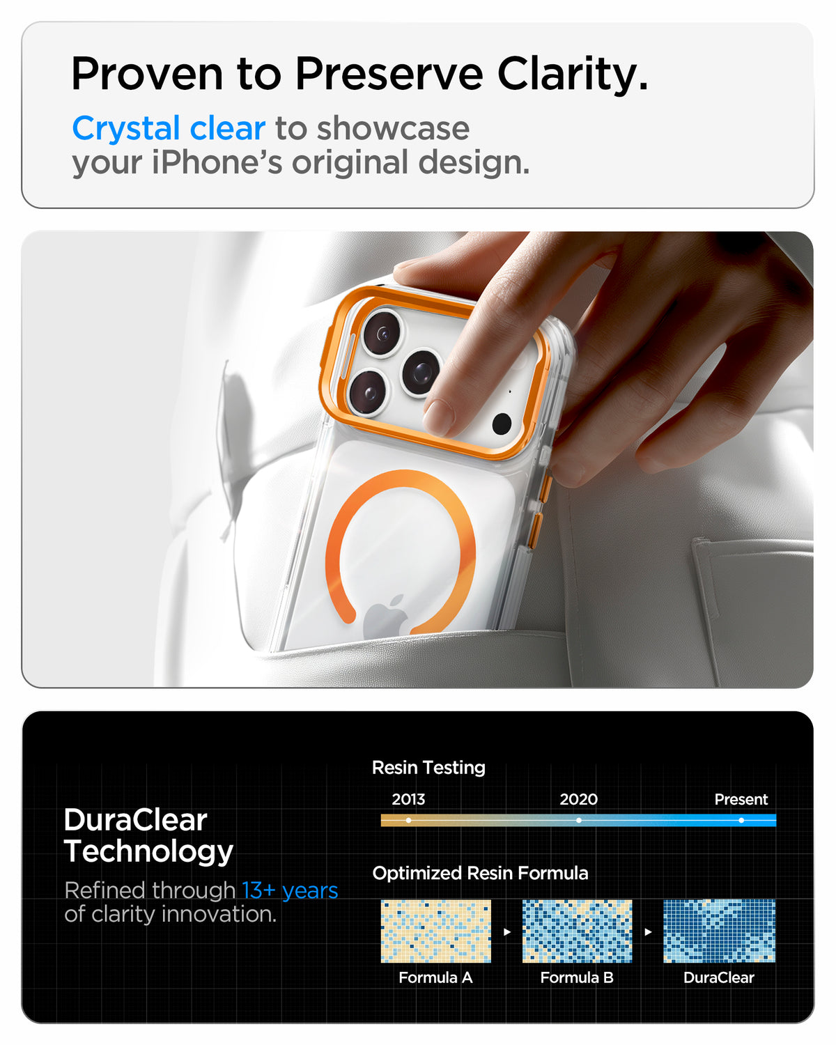 ACS11910 - iPhone 18 Pro Max / iPhone 17 Pro Max Ultra Hybrid Optik S (Mag Fit) Clear Orange showing a crystal-clear case finish and long-term resin clarity testing technology