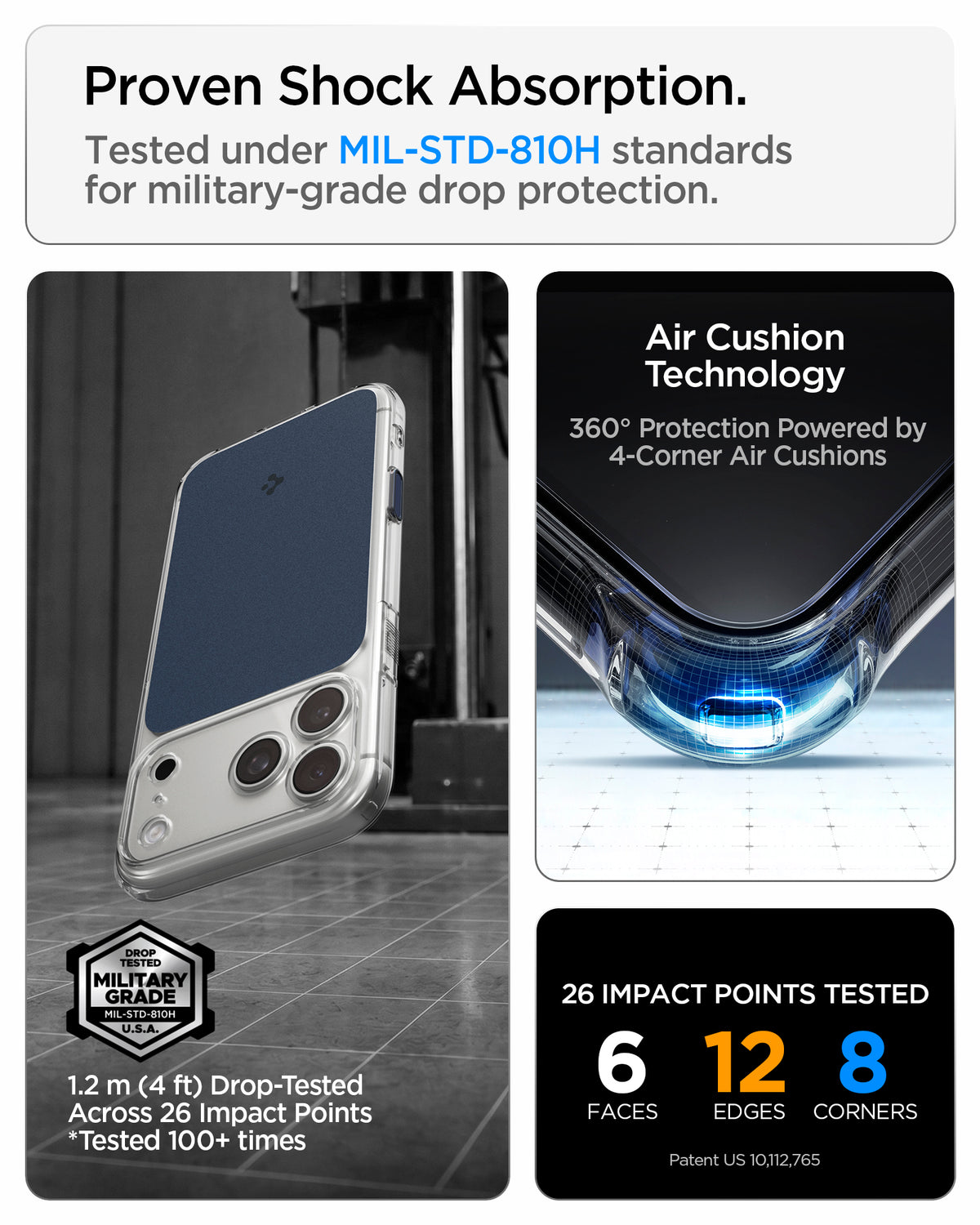  ACS10467CA - iPhone 17 Pro Max Ultra Hybrid T (MagFit) in Matte Blue showing military-grade drop protection with Air Cushion Technology and reinforced corner impact absorption