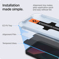 AGL03399 - iPhone 13 Mini Screen Protector EZ FIT GLAS.tR Privacy showing the installation made simple. Alignment tray makes glass application quick and easy without fail. EZ Fit Tray, Alignment Film and Tempered Glass