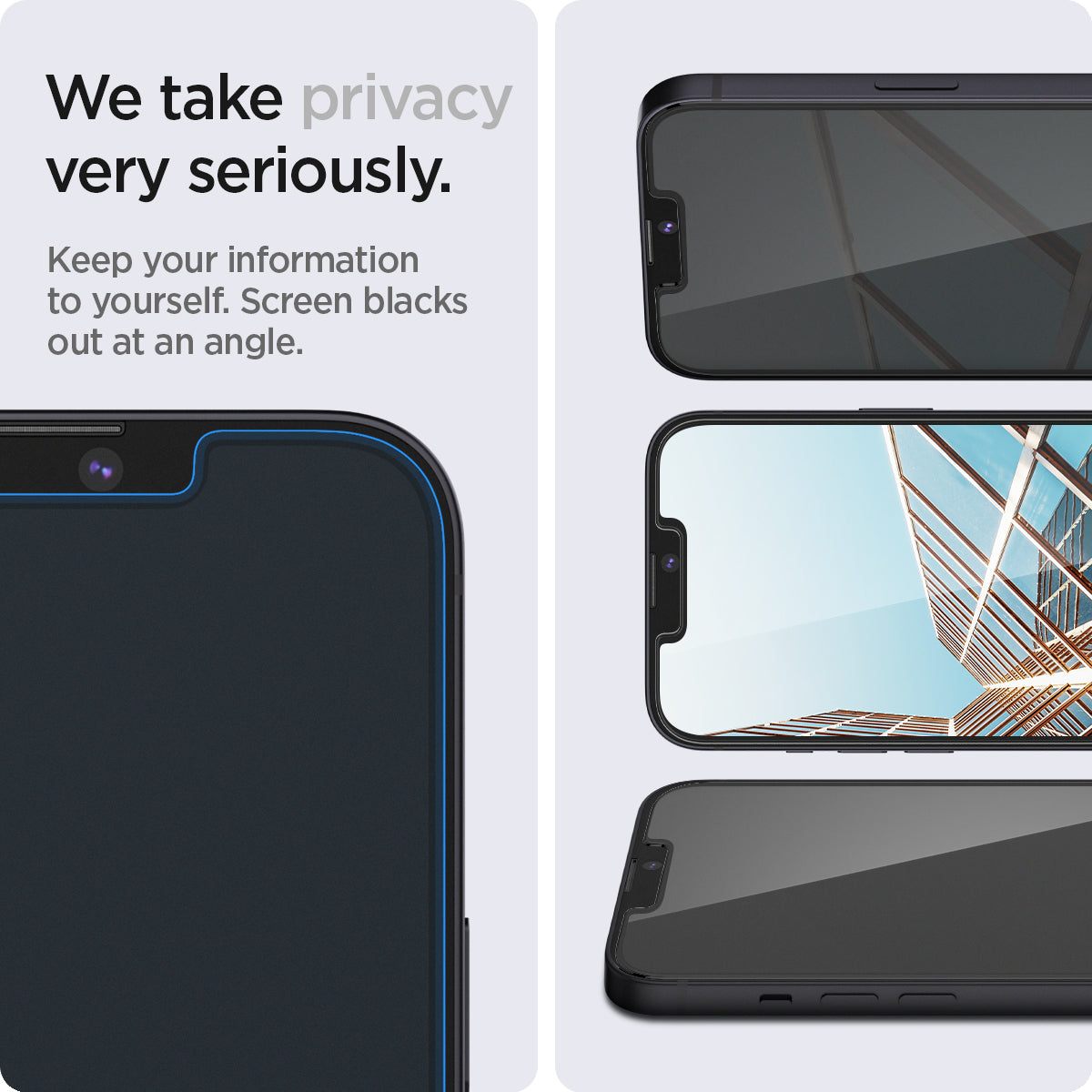 AGL03399 - iPhone 13 Mini Screen Protector EZ FIT GLAS.tR Privacy showing keeping your information to yourself. Screen blacks out at an angle. We take privacy very seriously