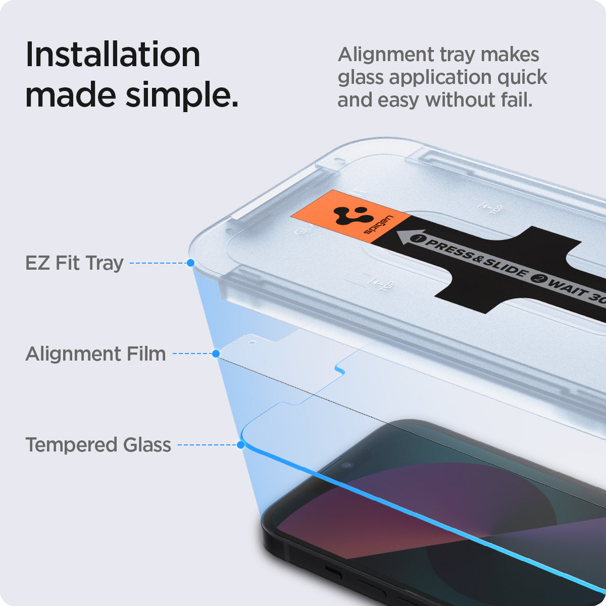 AGL03396 - iPhone 13 Mini Screen Protector EZ FIT GLAS.tR SLIM showing the installation made simple. Alignment tray makes glass application quick and easy without fail. EZ Fit Tray, Alignment Film and Tempered Glass