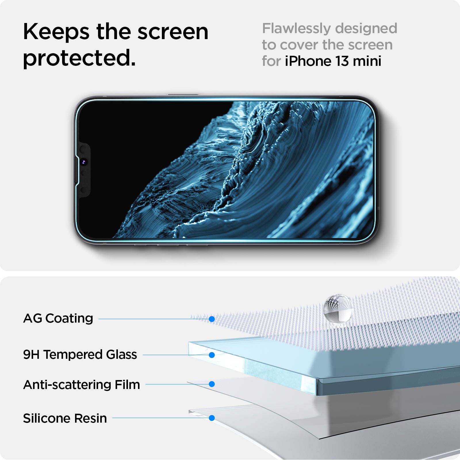 AGL03397 - iPhone 13 Mini Screen Protector EZ FIT GLAS.tR (Sensor Protection) showing the flawlessly design to cover the screen for iPhone 13 Pro Max. Keeps the screen protected with AG coatingm 9H Tempered Glass, Anti-scattering Film and Silicone resin 