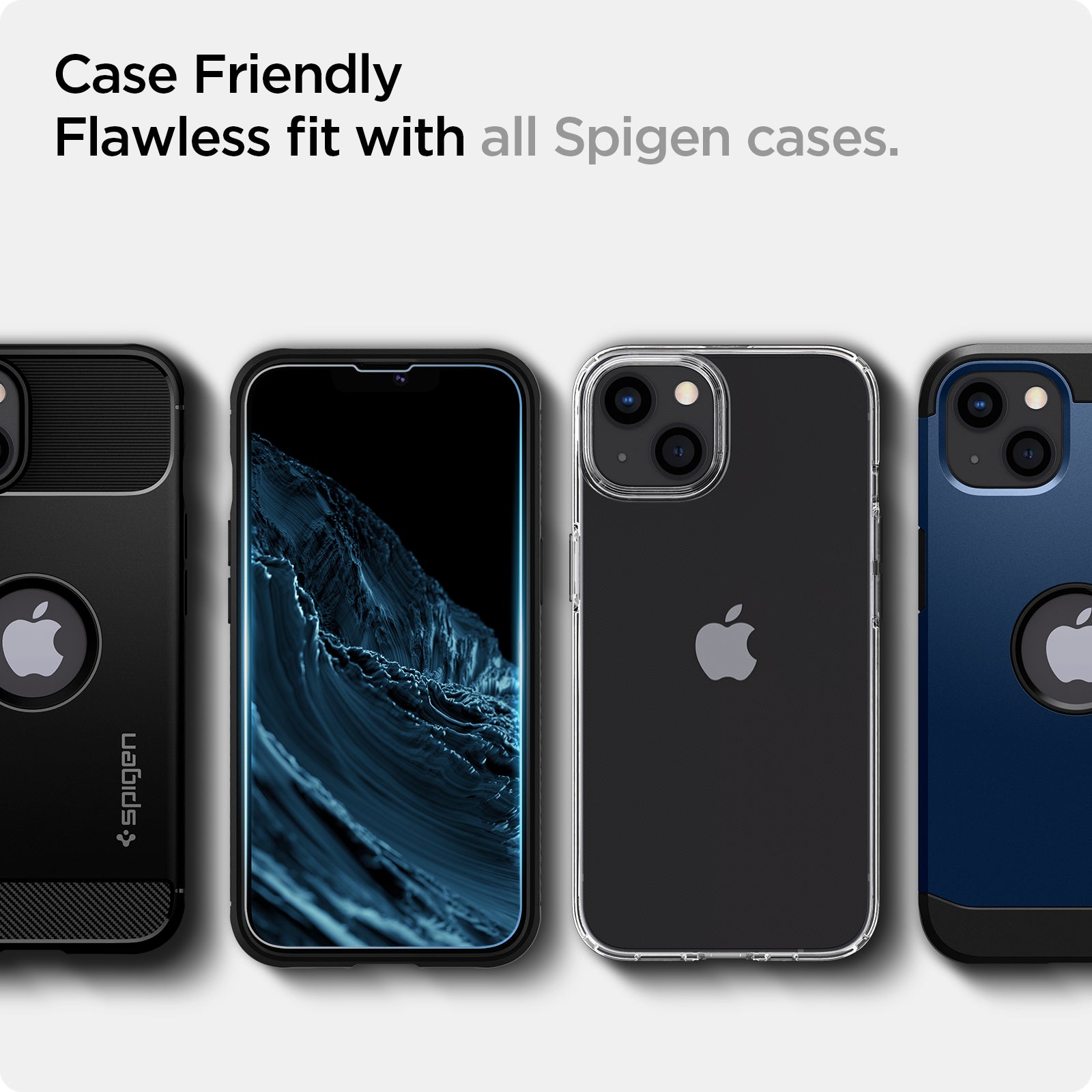 AGL03397 - iPhone 13 Mini Screen Protector EZ FIT GLAS.tR (Sensor Protection) showing the case friendly, flawless fit with all Spigen cases