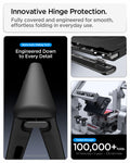 ACS11694 - iPhone Duo Air Fit Pro (Mag Fit) showing a protective hinge design with sliding components and durability testing for repeated folding.