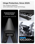 ACS11694 - iPhone Duo Air Fit Pro (Mag Fit) showing a protective hinge mechanism with an exploded component view and a folding durability test demonstrating over 100,000 folds.