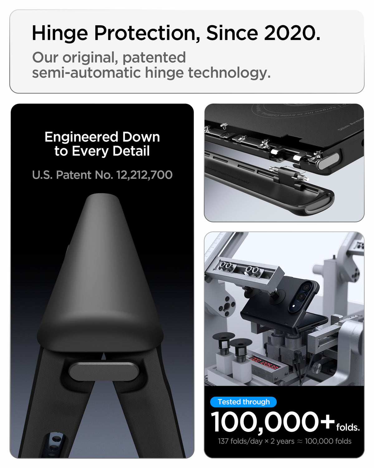 ACS11694 - iPhone Duo Air Fit Pro (Mag Fit) showing a protective hinge mechanism with an exploded component view and a folding durability test demonstrating over 100,000 folds.