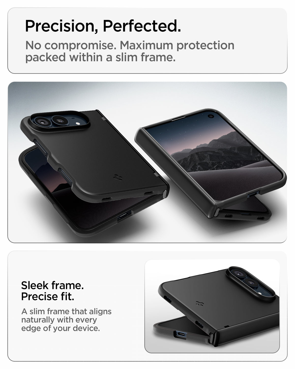 ACS11694 - iPhone Duo Air Fit Pro (Mag Fit) showing partially folded phones with slim protective cases, raised camera edges, precise cutouts, and a covered hinge.