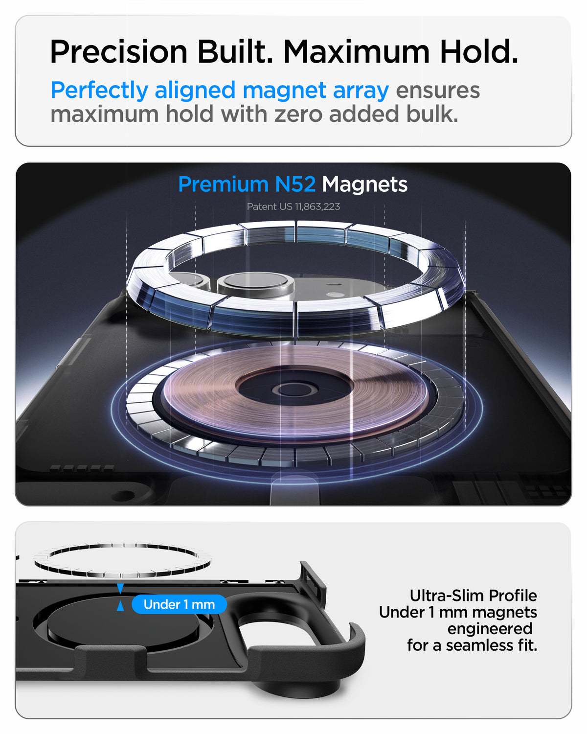 ACS11694 - iPhone Duo Air Fit Pro (Mag Fit) showing an aligned N52 magnet array with an ultra-slim profile designed for strong magnetic attachment.