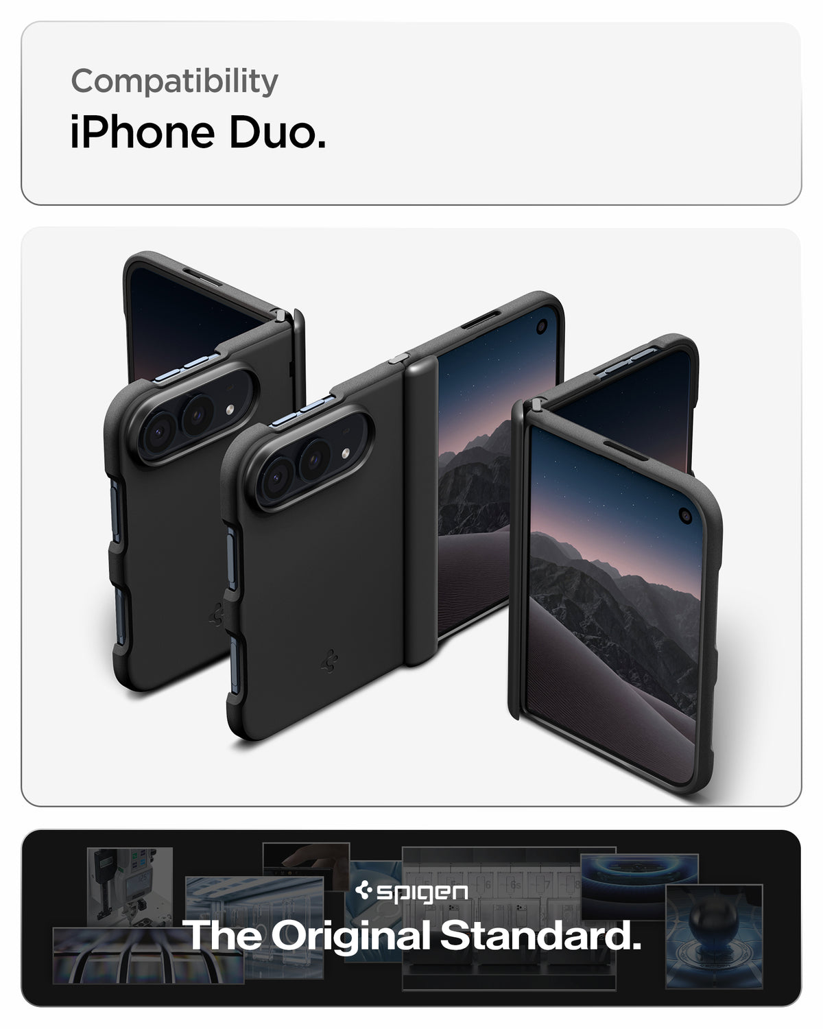 ACS11694 - iPhone Duo Air Fit Pro (Mag Fit) showing multiple views of a foldable phone with a protective case in different folded positions, highlighting its front and rear coverage.