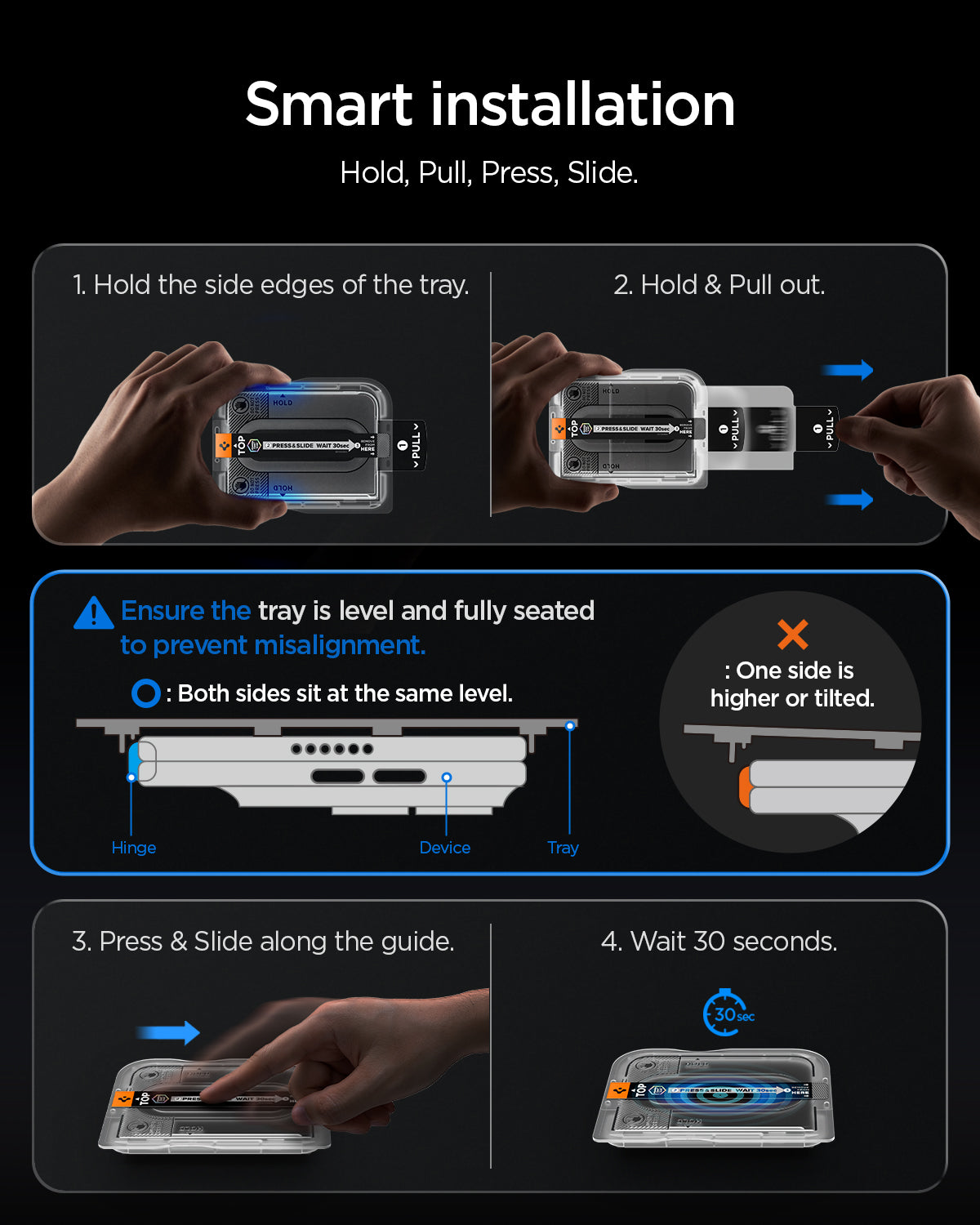 AGL12009 - iPhone Duo GLAS.tR EZ Fit Pro | Privacy showing step-by-step installation instructions for holding, pulling, pressing, sliding, and waiting 30 seconds.
