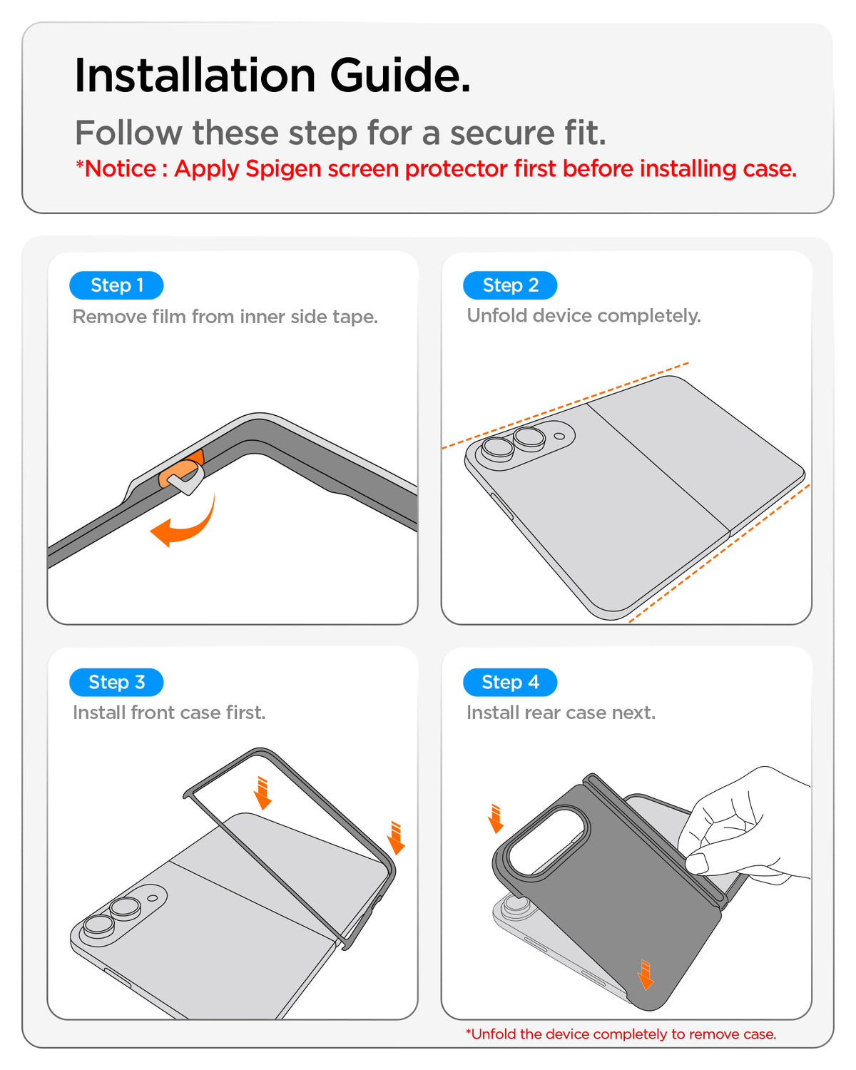 ACS11686 - iPhone Duo Nano Pop (Mag Fit) in Blueberry Navy showing four illustrated steps for installing a foldable phone case, including removing adhesive film and attaching both case pieces.