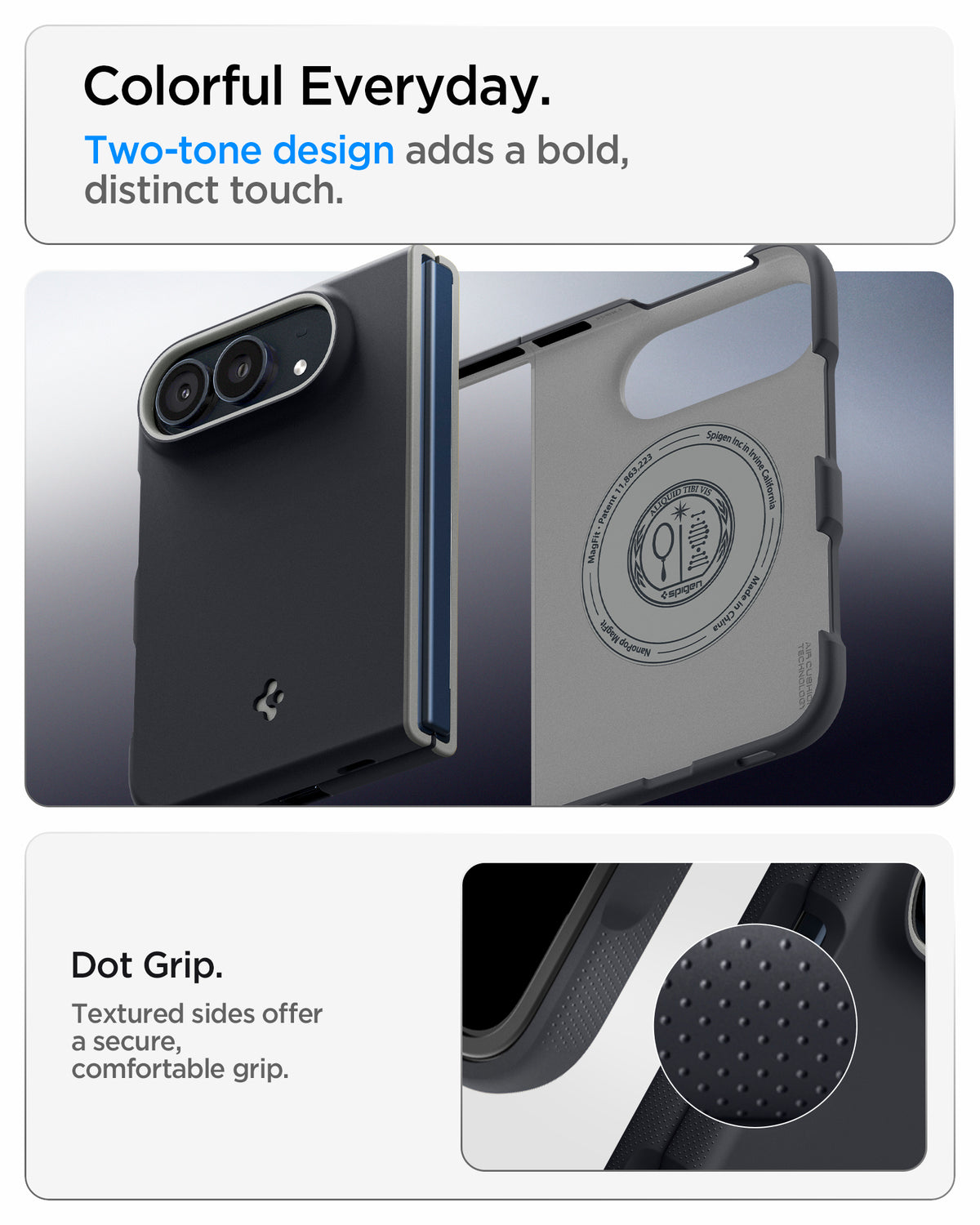 ACS11687 - iPhone Duo Nano Pop (Mag Fit) in Black Sesame showing a two-piece foldable phone case with contrasting trim, a circular magnetic ring, and close-up details of textured side grips.