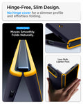 ACS11686 - iPhone Duo Nano Pop (Mag Fit) in Blueberry Navy showing a foldable phone case with an exposed hinge, slim edges, charging port cutouts, and a partially folded device held in one hand.