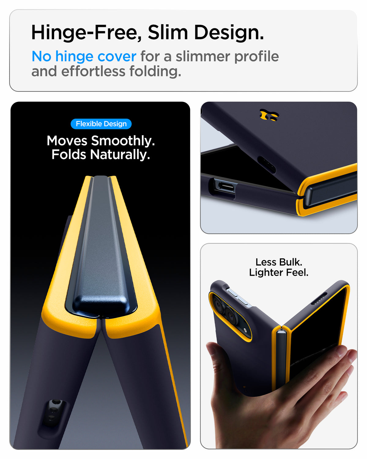 ACS11686 - iPhone Duo Nano Pop (Mag Fit) in Blueberry Navy showing a foldable phone case with an exposed hinge, slim edges, charging port cutouts, and a partially folded device held in one hand.