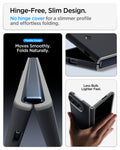 ACS11687 - iPhone Duo Nano Pop (Mag Fit) in Black Sesame showing a foldable phone case with an exposed hinge, slim edges, charging port cutouts, and a partially folded device held in one hand.