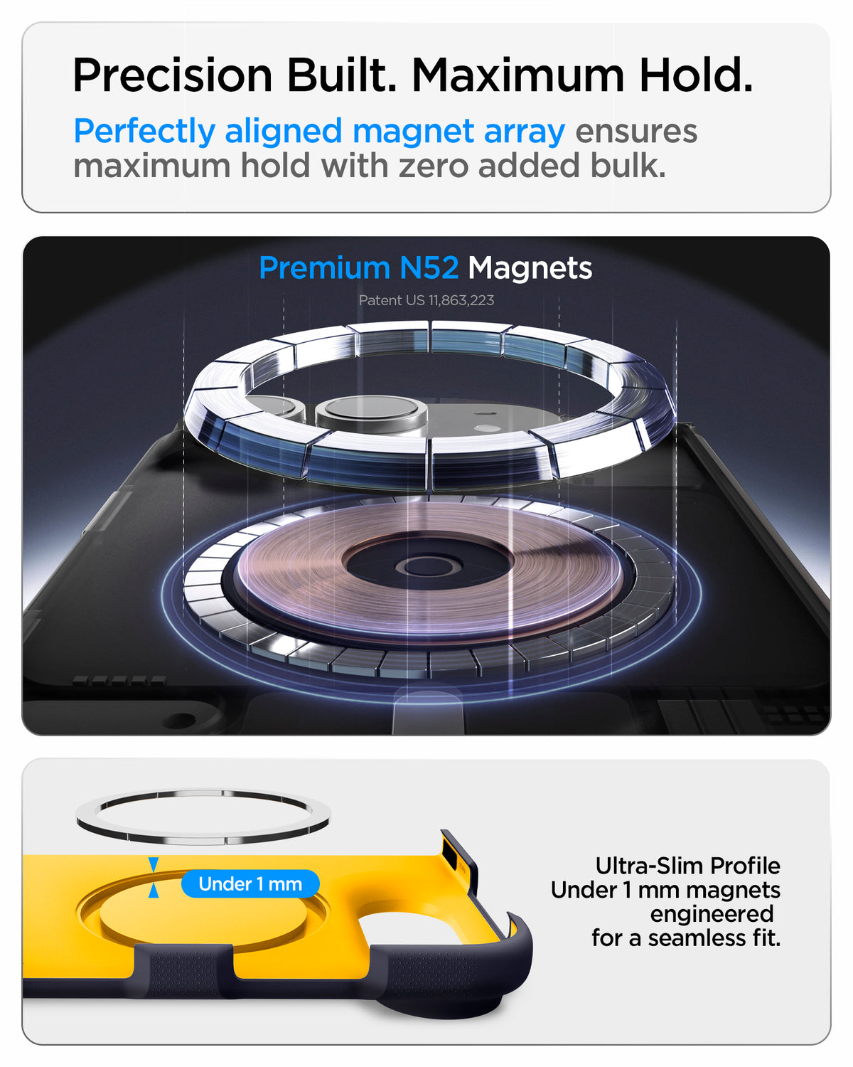ACS11686 - iPhone Duo Nano Pop (Mag Fit) in Blueberry Navy showing an exploded view of a circular N52 magnet array and a cross-section illustrating its placement within a slim phone case.