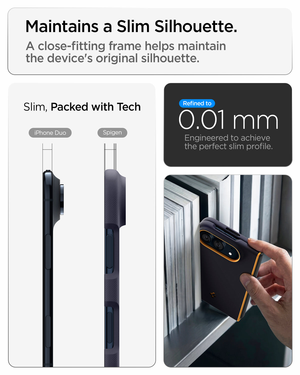 ACS11686 - iPhone Duo Nano Pop (Mag Fit) in Blueberry Navy showing a side profile comparison of a foldable phone with and without a case, alongside a hand holding the covered device.