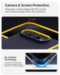 ACS11686 - iPhone Duo Nano Pop (Mag Fit) in Blueberry Navy showing close-up views of raised camera and screen edges with measurements and an illustration of corner air cushion technology.