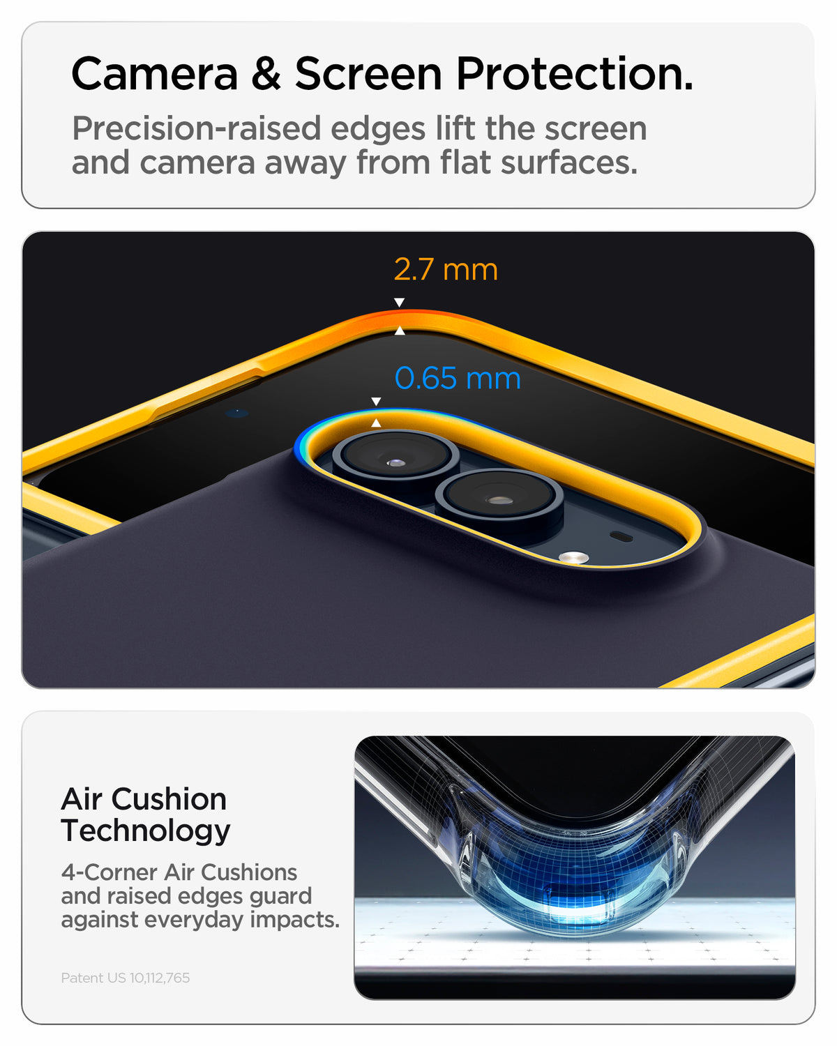 ACS11686 - iPhone Duo Nano Pop (Mag Fit) in Blueberry Navy showing close-up views of raised camera and screen edges with measurements and an illustration of corner air cushion technology.