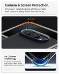 ACS11687 - iPhone Duo Nano Pop (Mag Fit) in Black Sesame showing close-up views of raised camera and screen edges with measurements and an illustration of corner air cushion technology.