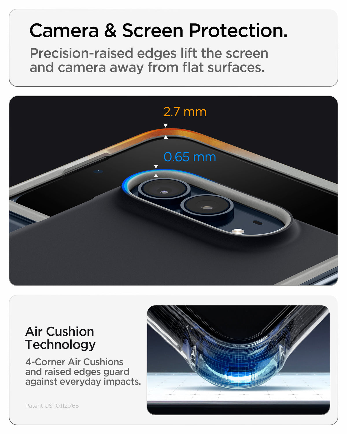 ACS11687 - iPhone Duo Nano Pop (Mag Fit) in Black Sesame showing close-up views of raised camera and screen edges with measurements and an illustration of corner air cushion technology.
