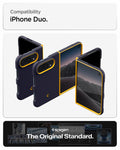 ACS11686 - iPhone Duo Nano Pop (Mag Fit) in Blueberry Navy showing multiple views of a foldable phone case installed on an iPhone Duo in folded and unfolded positions.