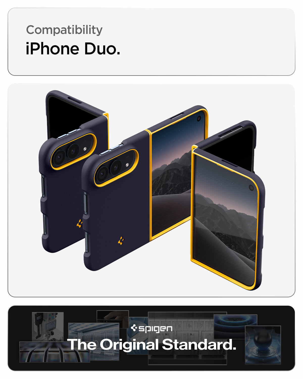 ACS11686 - iPhone Duo Nano Pop (Mag Fit) in Blueberry Navy showing multiple views of a foldable phone case installed on an iPhone Duo in folded and unfolded positions.