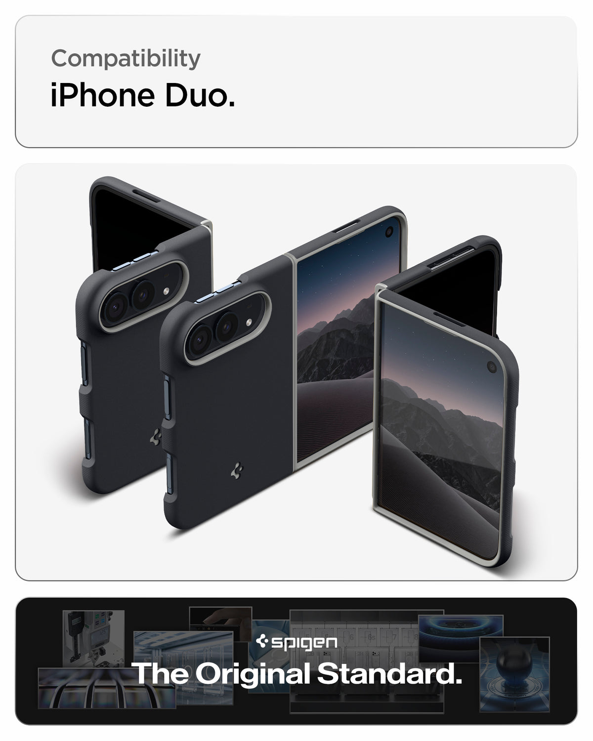 ACS11687 - iPhone Duo Nano Pop (Mag Fit) in Black Sesame showing multiple views of a foldable phone case installed on an iPhone Duo in folded and unfolded positions.