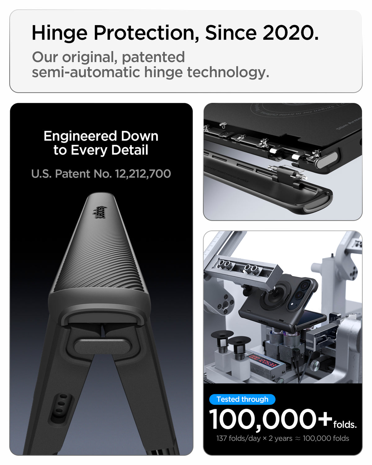 ACS11780 - iPhone Duo Slim Armor Pro S (Mag Fit) showing a protective hinge mechanism with internal components and a machine testing the case through repeated folding.