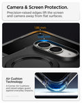 ACS11780 - iPhone Duo Slim Armor Pro S (Mag Fit) showing raised edges around the screen and camera with measurements and an illustration of corner impact protection.