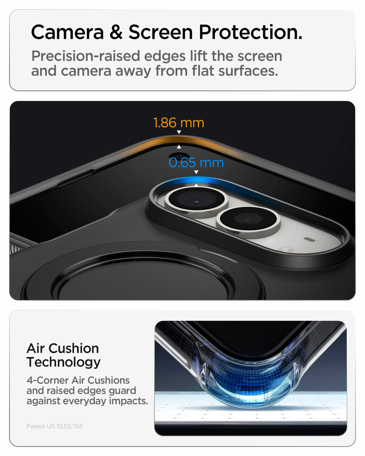 ACS11780 - iPhone Duo Slim Armor Pro S (Mag Fit) showing raised edges around the screen and camera with measurements and an illustration of corner impact protection.