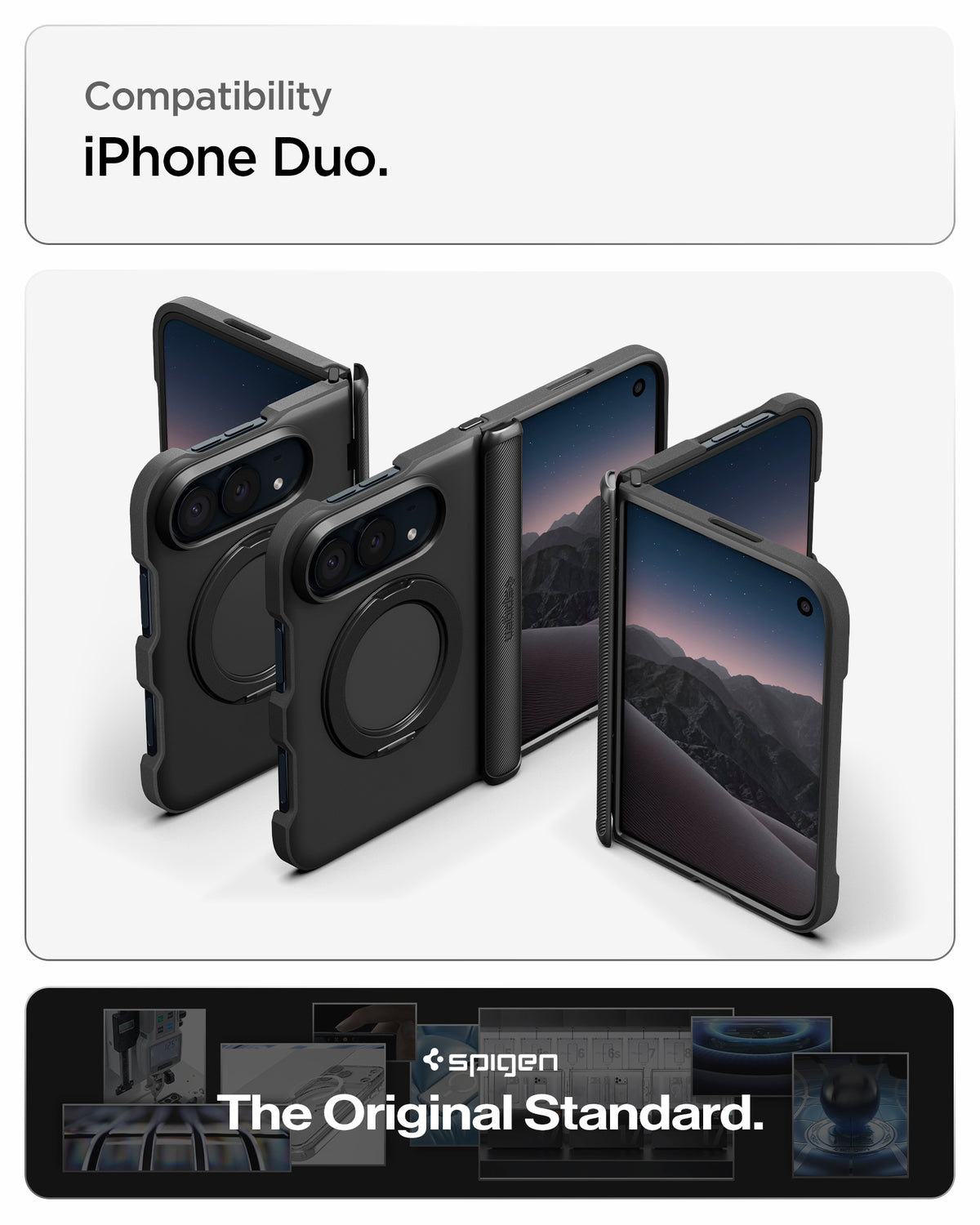 ACS11780 - iPhone Duo Slim Armor Pro S (Mag Fit) showing multiple views of a foldable phone case with a circular ring stand and protective hinge cover.