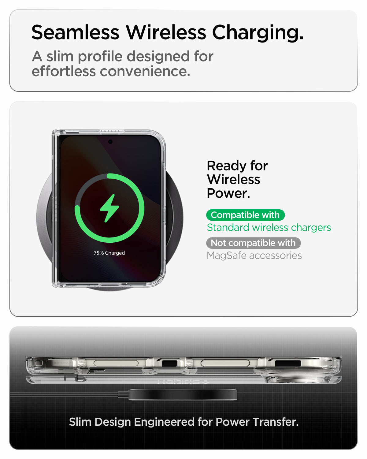 ACS11781 - iPhone Duo Ultra Hybrid Pro Slim transparent case supporting standard wireless charging, with illustrations of charging compatibility and a streamlined design. Not compatible with MagSafe accessories.