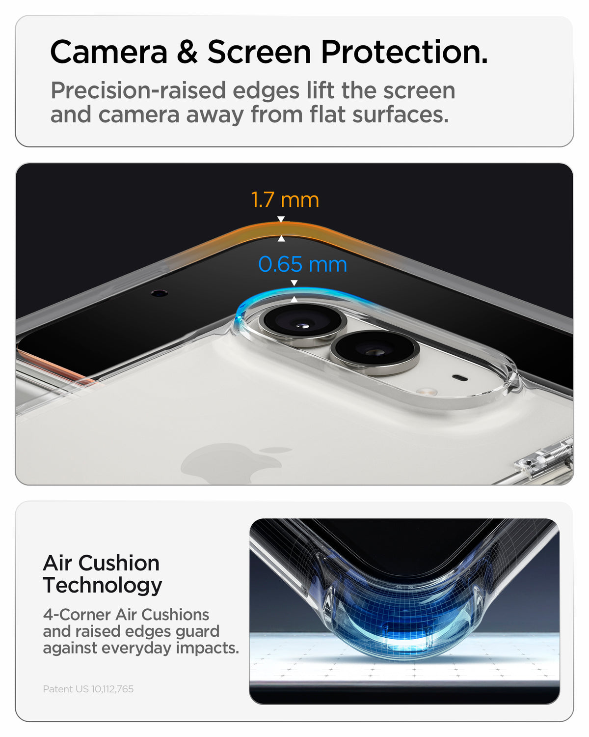 ACS11781 - iPhone Duo Ultra Hybrid Pro Raised screen and camera edges measuring 1.7 mm and 0.65 mm, with Air Cushion Technology at all four corners for impact protection.