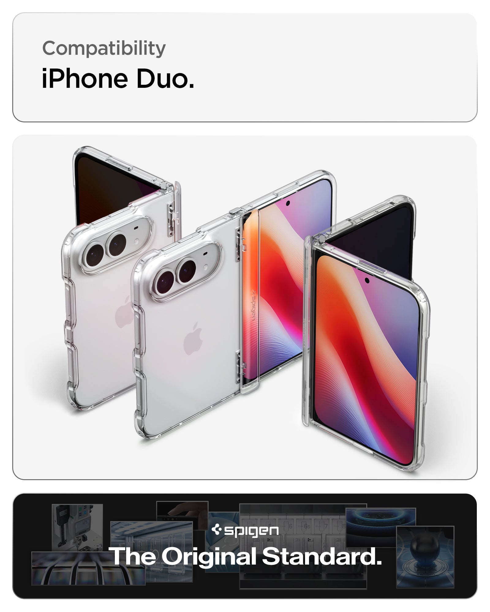 ACS11781 - iPhone Duo Ultra Hybrid Pro showing the clear case in multiple folding positions with compatibility for iPhone Duo