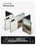 ACS11781 - iPhone Duo Ultra Hybrid Pro Multiple views of the transparent Ultra Hybrid Pro case designed for iPhone Duo, showcasing the foldable design and hinge protection.