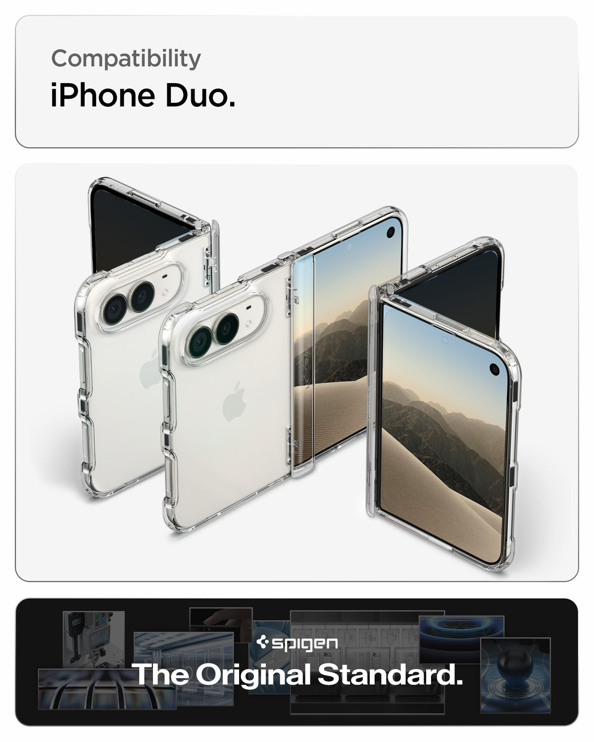 ACS11781 - iPhone Duo Ultra Hybrid Pro Multiple views of the transparent Ultra Hybrid Pro case designed for iPhone Duo, showcasing the foldable design and hinge protection.