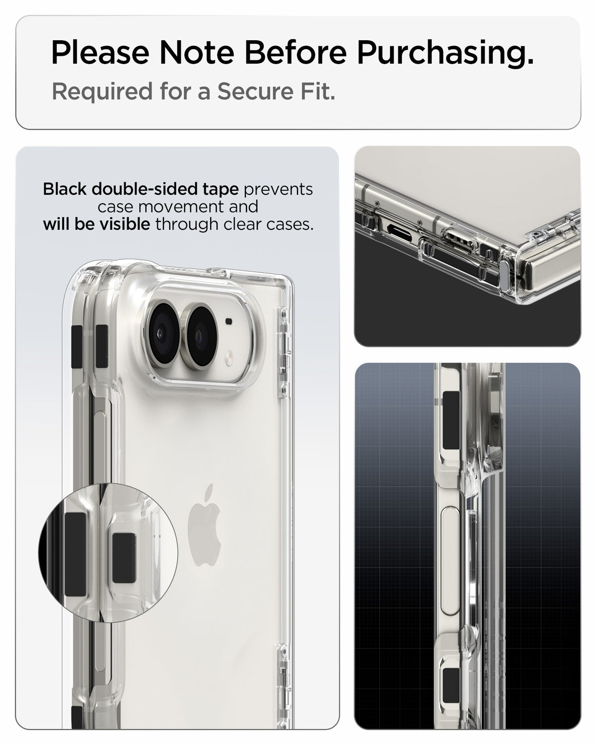 ACS11781 - iPhone Duo Ultra Hybrid Pro Close-up views of black double-sided adhesive tape inside the transparent case, designed to prevent movement while remaining visible through the clear material.