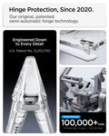  ACS11688 - iPhone Duo Ultra Hybrid Pro (Mag Fit) in Clear White showing a transparent hinge protection mechanism, an exploded hinge assembly, and a folding durability testing setup.
