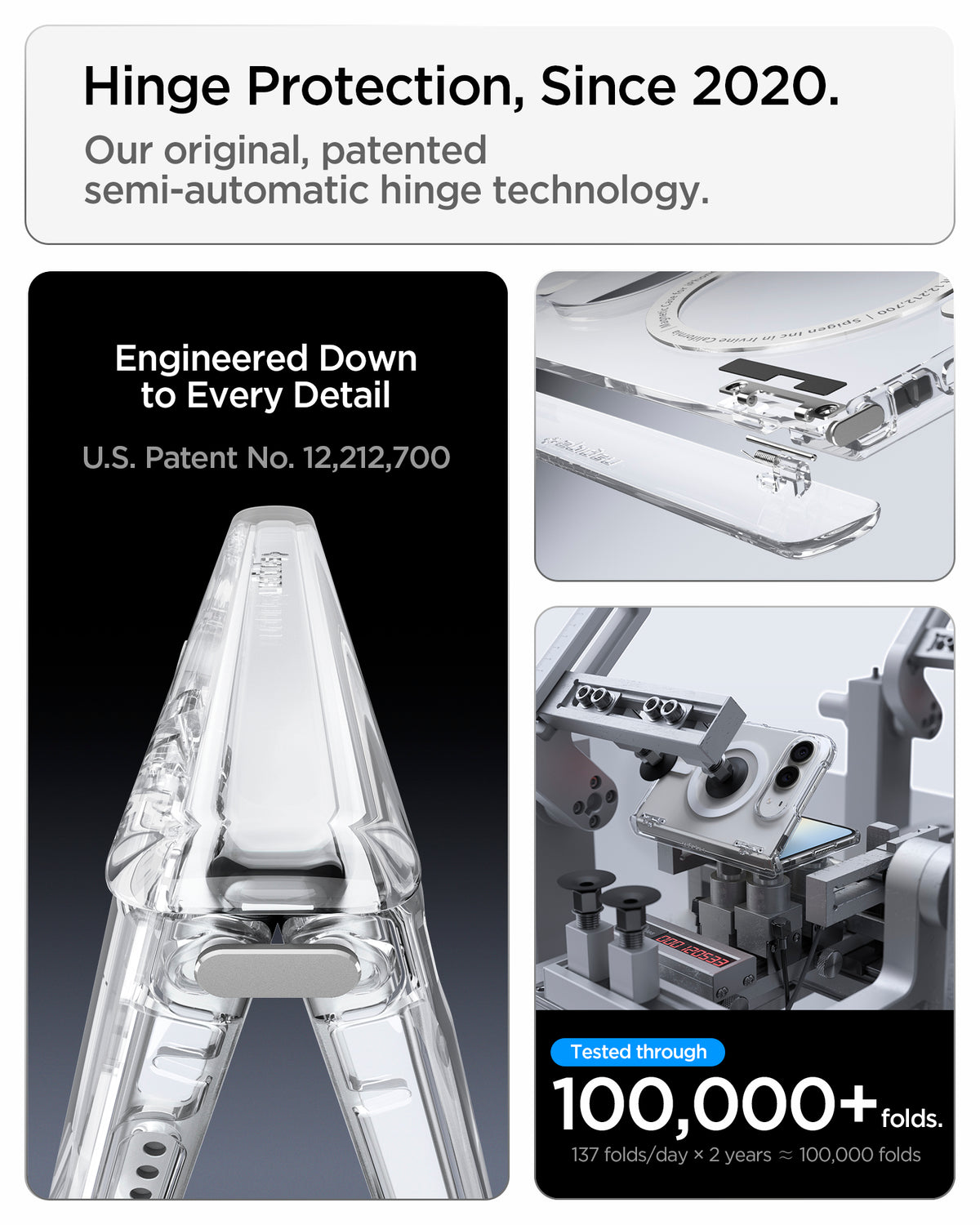  ACS11688 - iPhone Duo Ultra Hybrid Pro (Mag Fit) in Clear White showing a transparent hinge protection mechanism, an exploded hinge assembly, and a folding durability testing setup.