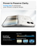  ACS11688 - iPhone Duo Ultra Hybrid Pro (Mag Fit) in Clear White showing a transparent case on a partially folded phone with a diagram illustrating the development of clear resin technology.
