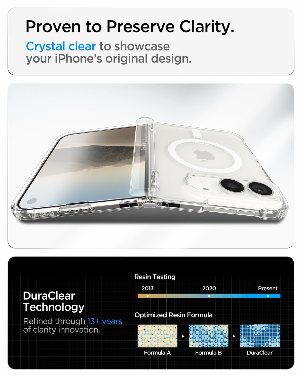  ACS11688 - iPhone Duo Ultra Hybrid Pro (Mag Fit) in Clear White showing a transparent case on a partially folded phone with a diagram illustrating the development of clear resin technology.